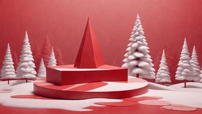 The primary subject of the image is a red triangle structure, which appears to be a model or a decoration. The setting is a snowy environment, with a red background and a pink surface. The visual style is a combination of digital art and illustration, creating a unique and eye-catching design. The colors and mood of the image are predominantly red and pink, giving it a warm and festive atmosphere.